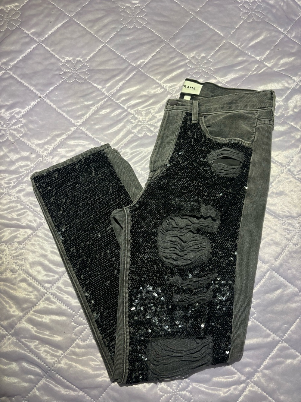 Frame Denim Black Sequin Distressed Skinny Jeans
